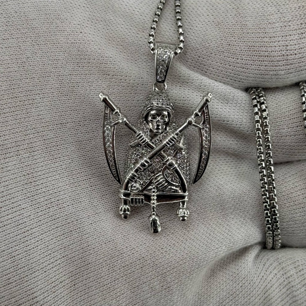 925 Sterling Silver CZ Grim Reaper Pendant 12.2g Large Statement Piece